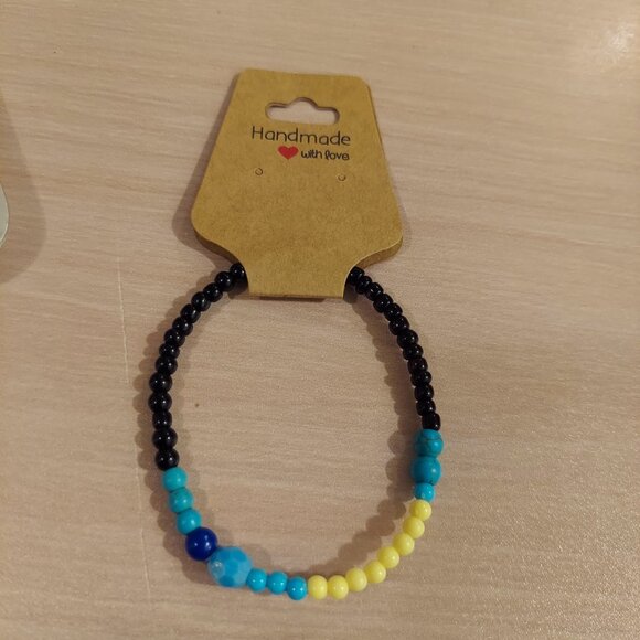 Handcrafted Black, Blue, and Yellow Seed Beaded Bracelet - Picture 1 of 3